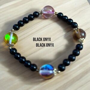 253. Black and Pink Beaded Bracelet with Elastic Fit